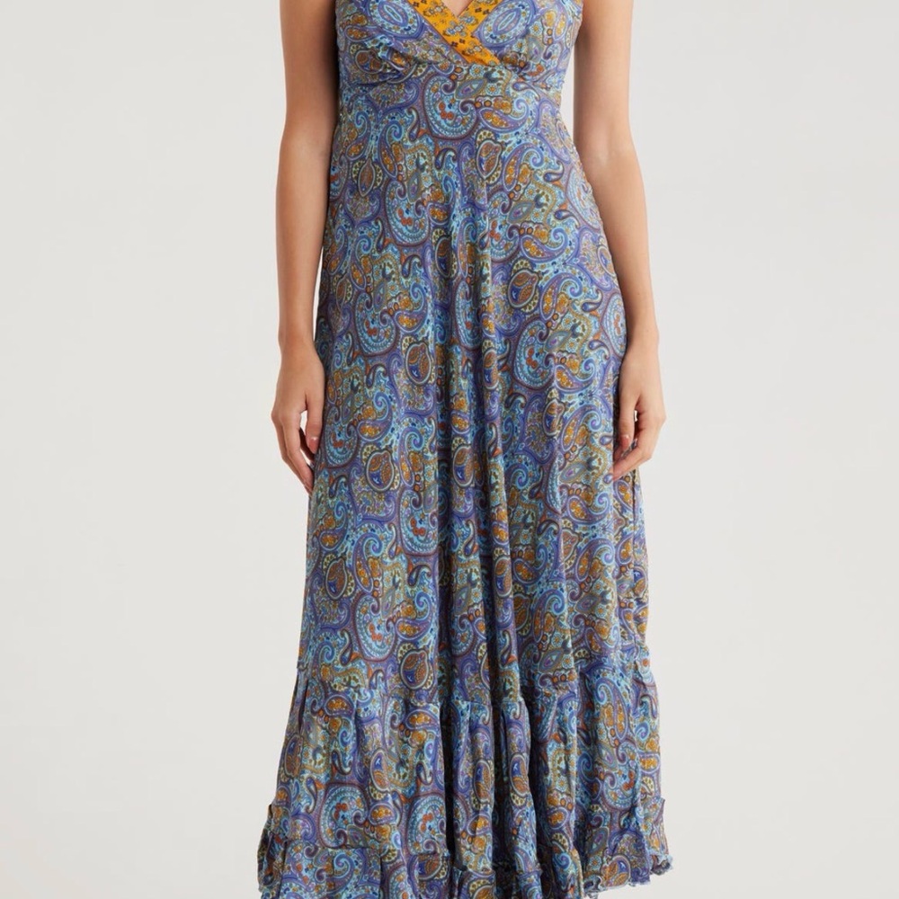 La Fiorentina Blue Paisley Maxi Dress with Yellow Trim